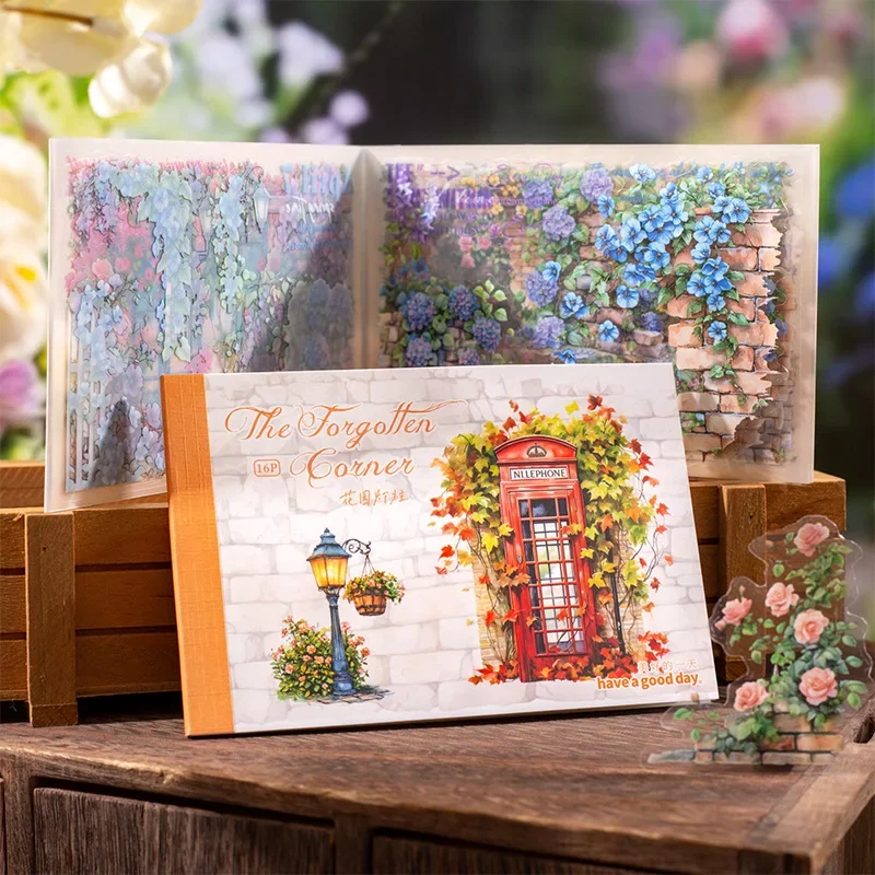

16sheets Vintage European Landscape Stickers Garden Corner Lamp Post & Vine Designs for Scrapbook Collage School Supplies