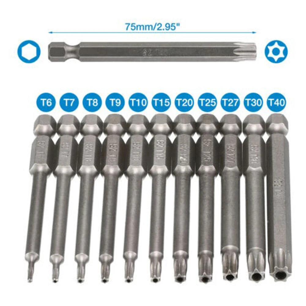 1pc T40 Magnetic Head Torx Screwdriver Bit 75mm Security Tamper Proof Star T7 T8 T10 T15 T20 T25 T27 T30 T40 Alloy Steel Magnet