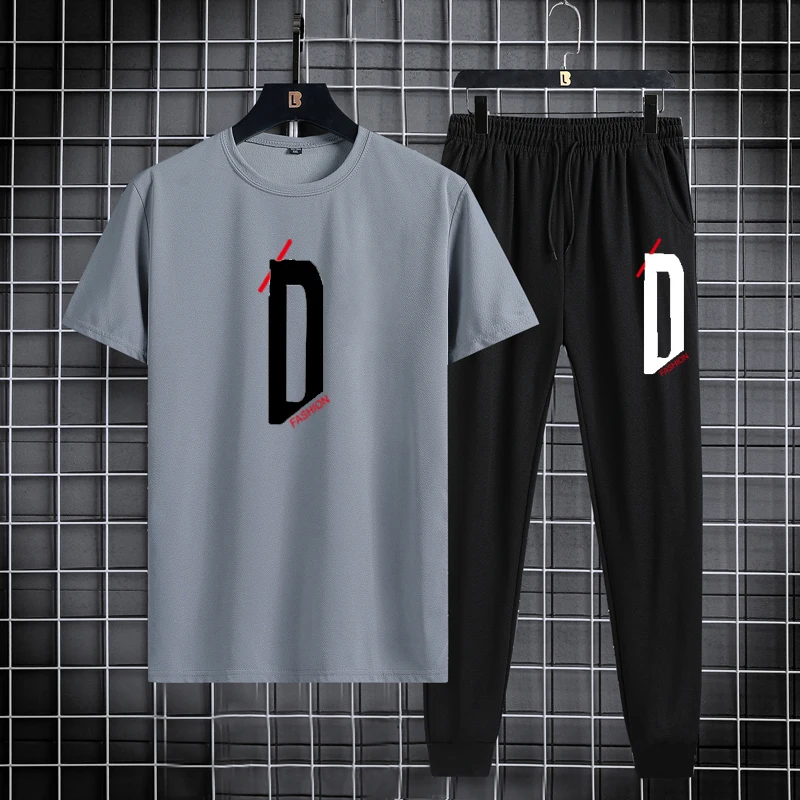 Summer sports and leisure set short sleeved T-shirt 2023 trendy Korean slim fit sports pants thin two-piece set