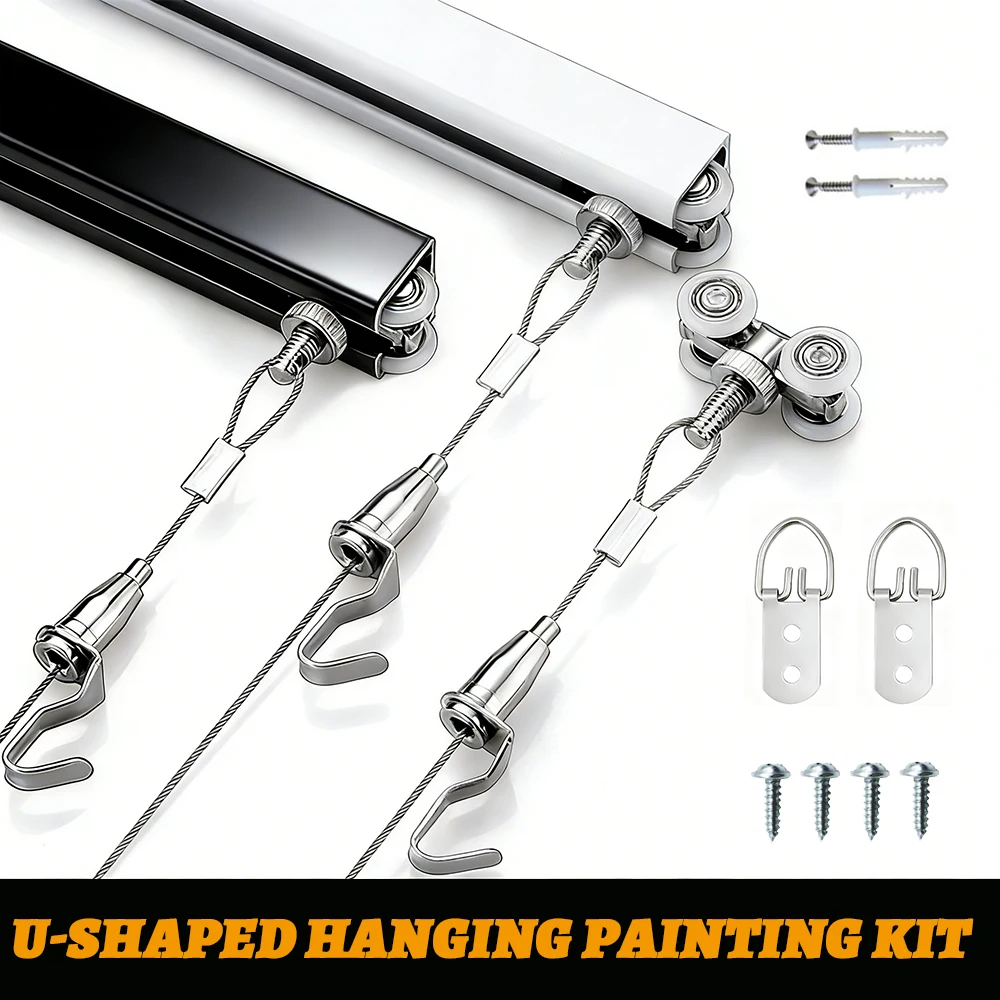 1M Picture Hanging Track Rail Kit Adjustable Decor Hanging Rope Pulley Hook Set 1/2/3M Cable for Wall Art Frame