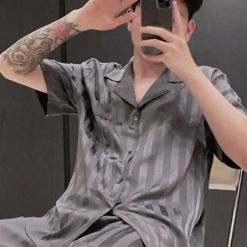 Fashion Stripes Short Sleeve Shorts Pijamas Suit Summer New Male 2Pcs Pajamas Set Lounge Wear Nightwer Casual Satin Home Clothes