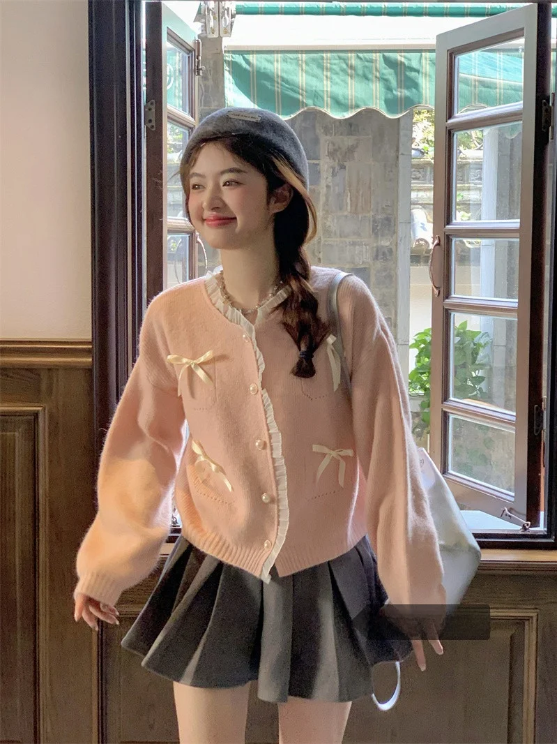 

Sweet Pink Ruffle Splice Knit Sweater Coat Women Winter New Knot Loose ort Knitted Top Casual Sle Loose Fit