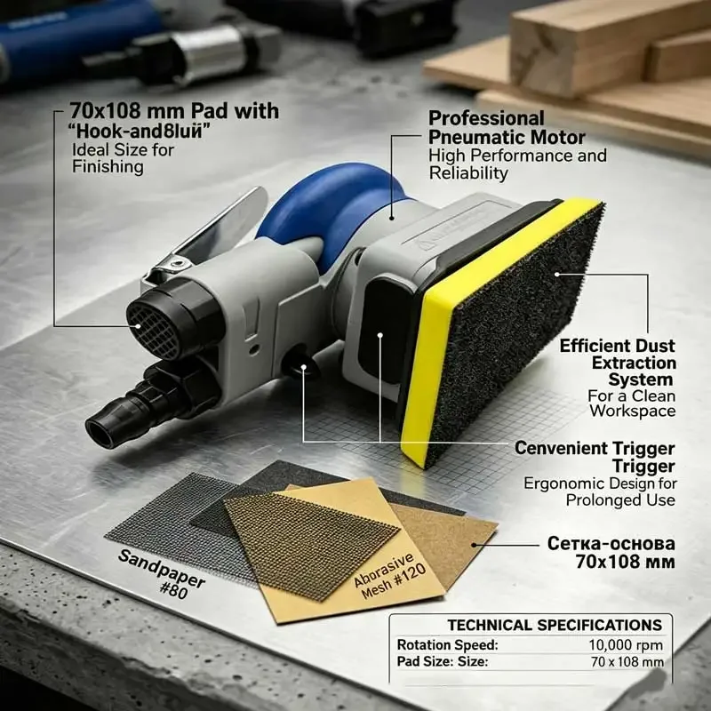 Professional 70x108mm Pneumatic Square Orbital Sander Air Polishing Machine for Car Body Repair Woodworking Industrial Grinding