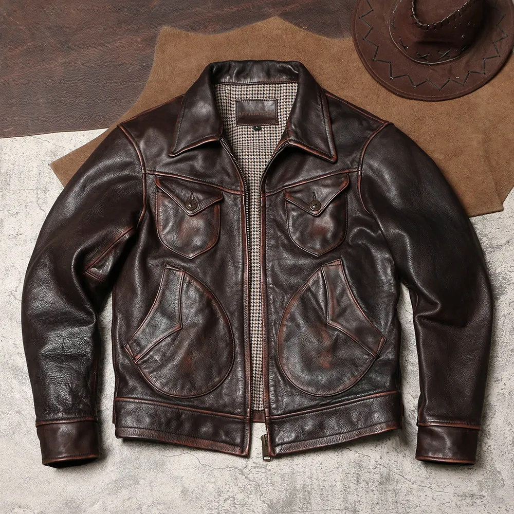 Vintage Rancher Genuine Leather Coat Mendoza, Washed Distressed Tea Core Cowhide Amekaji Retro Farmer Work Jacket