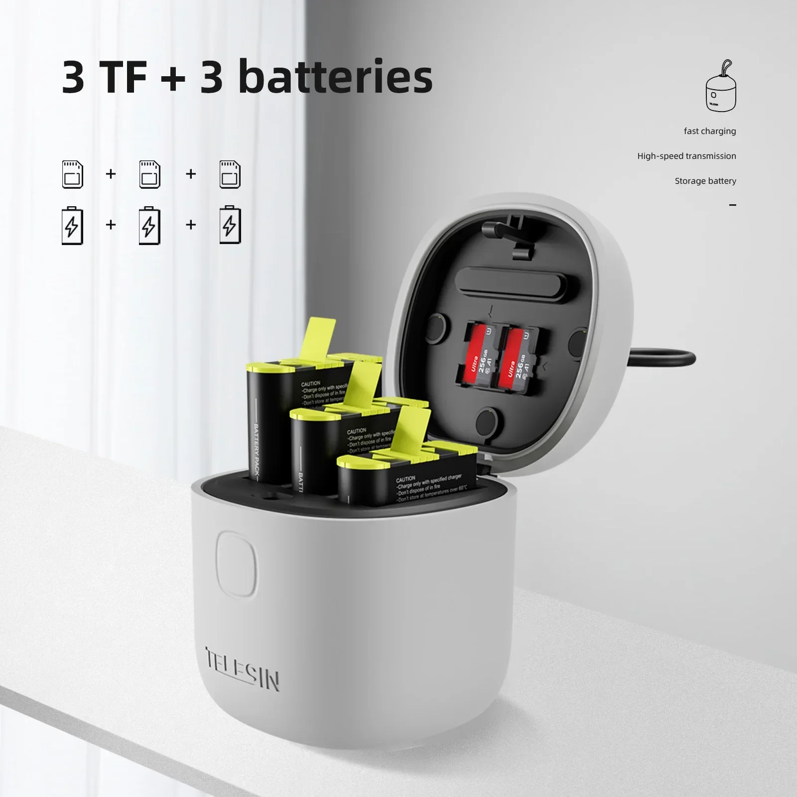 مجموعة بطاريات صندوق شحن سريع من TELESIN لشاحن Gopro Hero12 11 10 9 الكل في واحد مع ملحقات تخزين قارئ TF Gopro