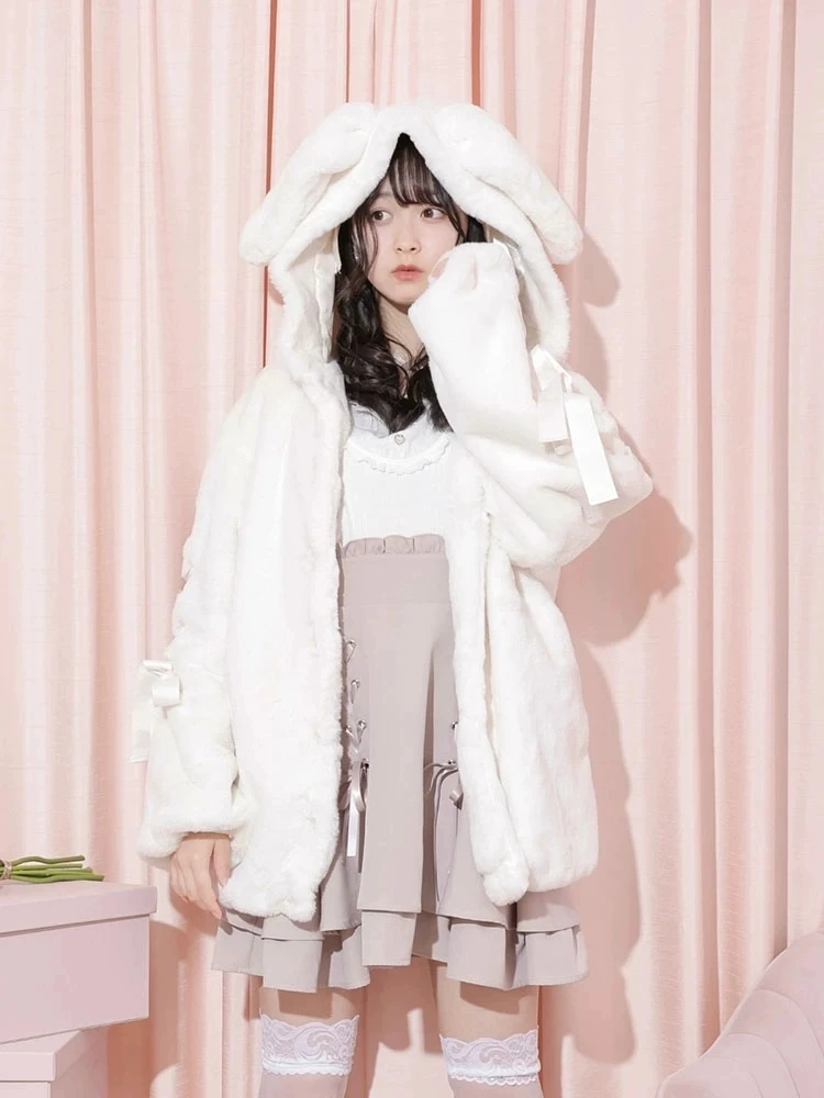 Dophee Japanese Autumn Winter Women Fur Overcoat Cute Thicken Lolita Y2k Rabbit Ears Hooded Parkas Bandage Bow Warm Jacket Coat