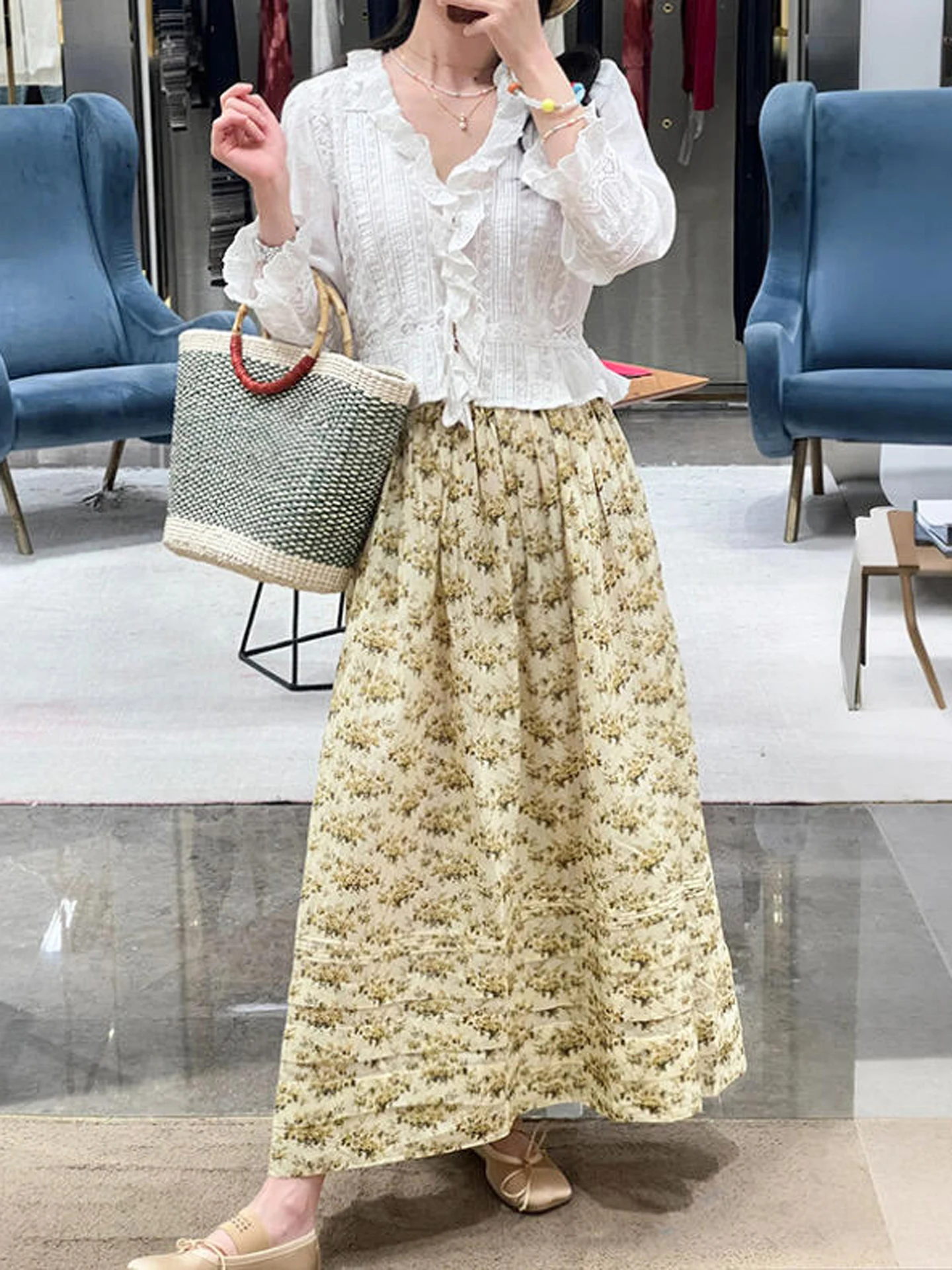 

Ele High Waist Long Floral Print ter Ne Gown for Women Summer 2025 Gentle Wind Sle Commute Simple A-Line Skirt