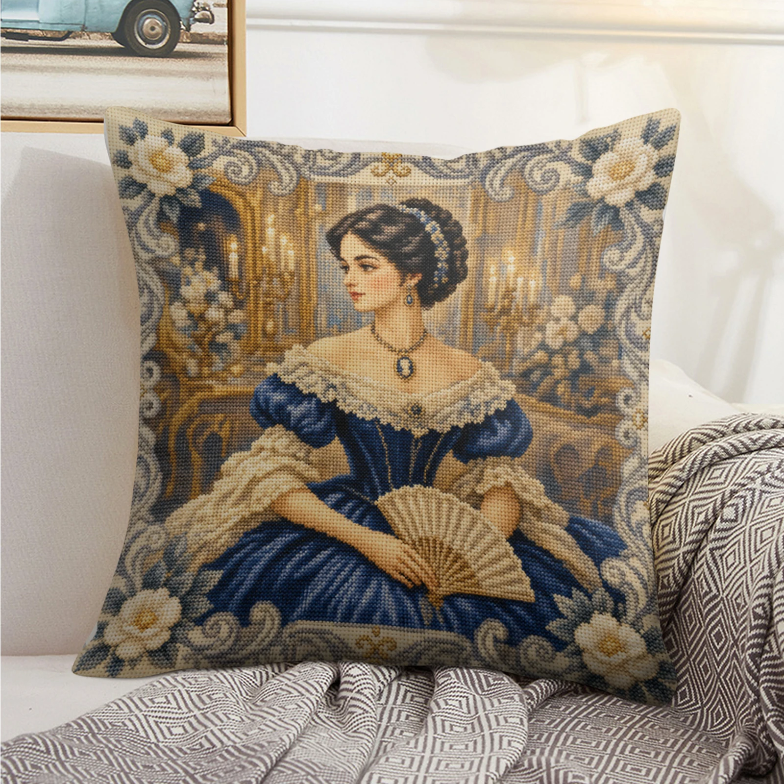 Victorian Girl Stitch Kit 11CT Stamped Canvas 45x45cm Zipper Pillow Cover 3-Strand Embroidery Thread Needlework