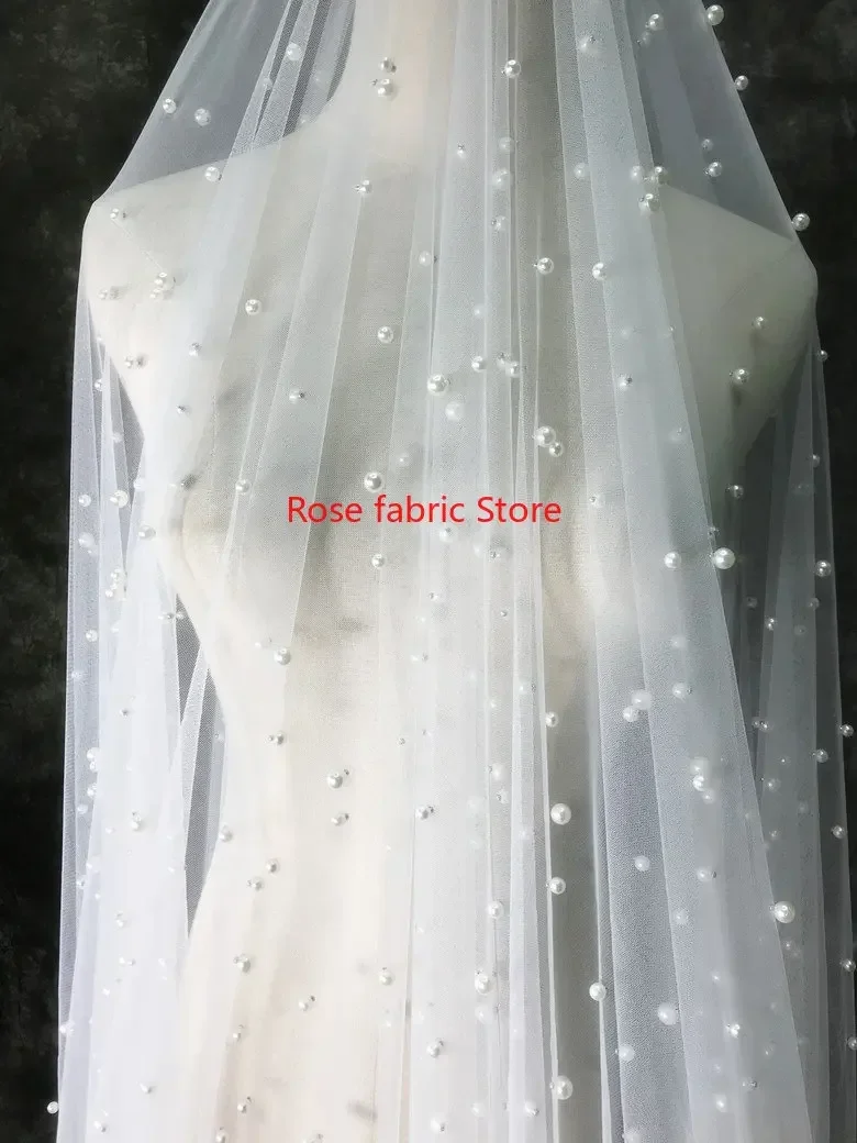

big and small Bead pearls lace fabric ivory soft tulle lace fabric for Party dress Wedding dress bridal veil lace 1 yard
