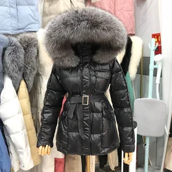 Collar Luxury Large Fox Fur Hooded Down Jacket Women Winter 2023 New Style Adjust Waist White Duck Down Coat Loose Causal Parka