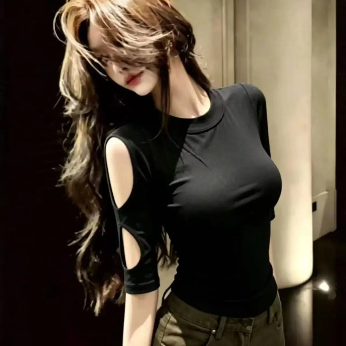 Sexy Slim Simplicity Hollow Out Off Shoulder Pullovers Short Sleeve Solid Elegant T Shirts Summer Korean Fashion Women Clothing