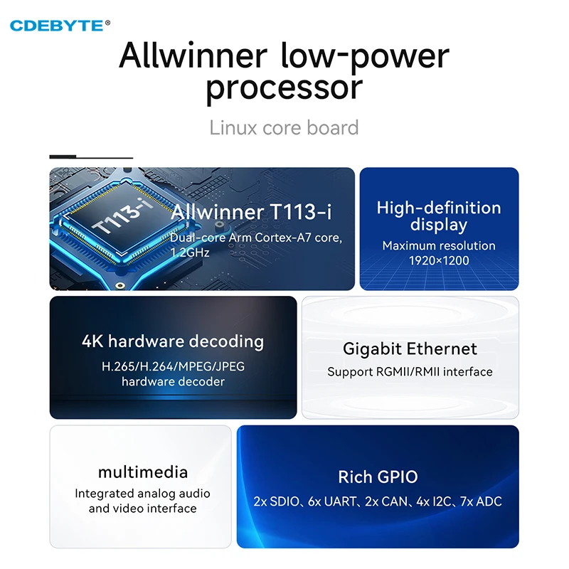 T113-i ARM Dual Core Industrial Grade CDEBYTE ECK30-T13IA2MN2M-I 256M DDR3 4K 1080P A7+RISC-V+DSP Display Low Power Stamp Hole