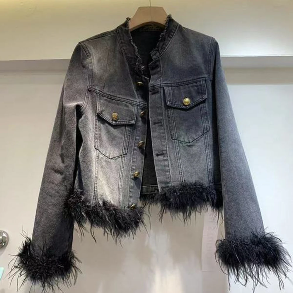 

Spring Autumn Denim Kacket New Korean Edition Retro Splicing Hairy Design Loose Fashion Versatile Cowboy Short Coat for Women