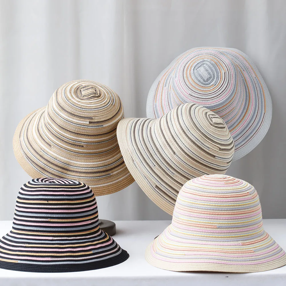 2025 Rainbow stripes Hat Summer Women Visor Bucket Hat Fisherman Hat Hand weaving Panama Girl Fishing Chapeau Sun Hats tool