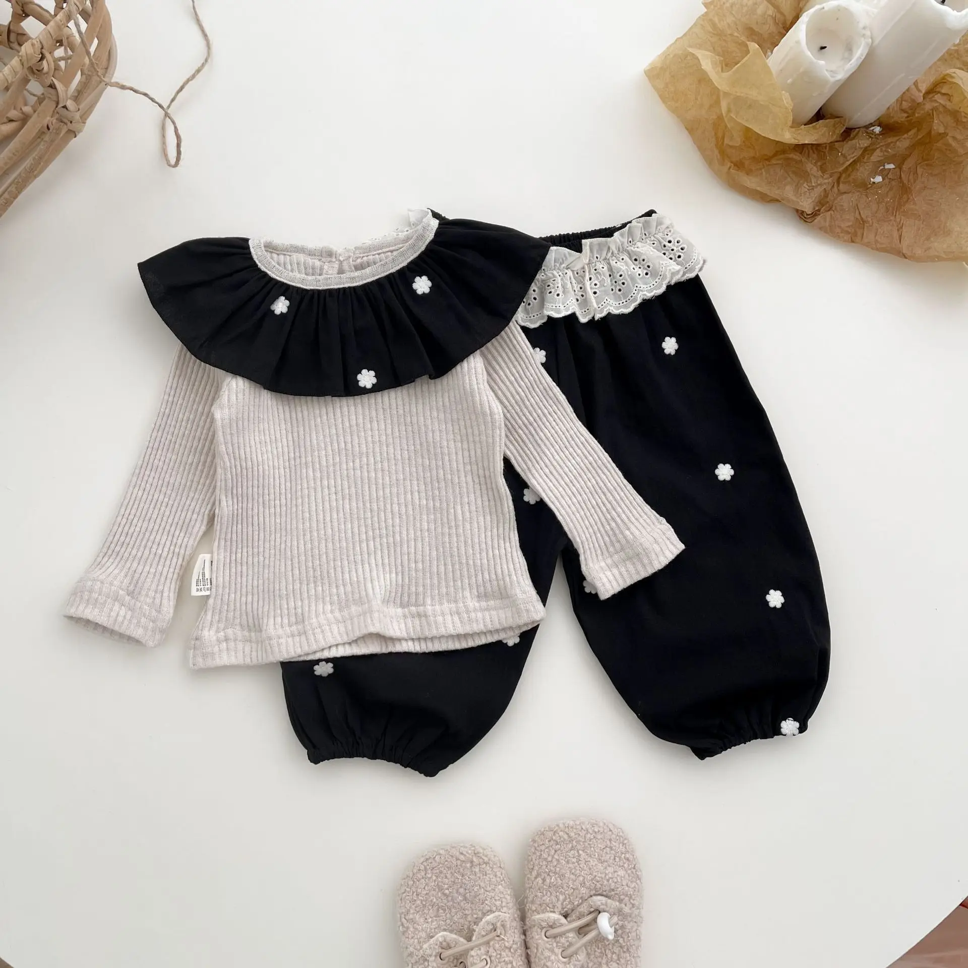 2025 Autumn New Baby Girl Long Sleeve Flower Embroidery Set Infant Toddler Ruffle Collar Solid Bottoming Shirt + Pants 2pcs Suit