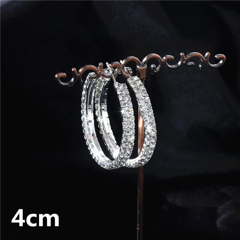 Sparkling Crystal Rhinestone Hoop Earrings for Women Silver Color Big Round Circle Statement Wedding Earrings Prom Gift