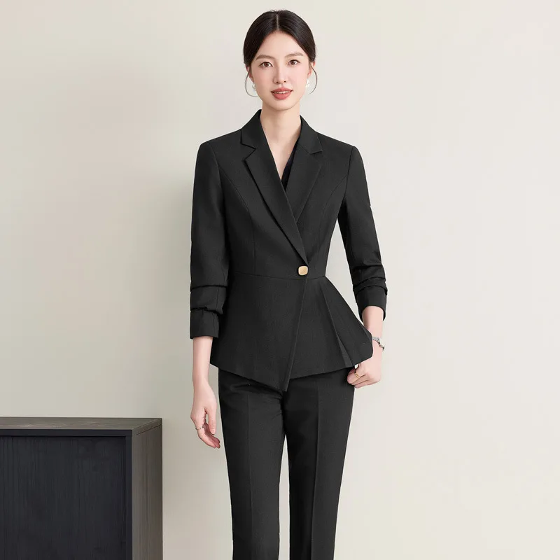 High-end professional women's skirt suit, hotel front desk workwear, elegant slim-fit formal suit, beautician workwear for autum