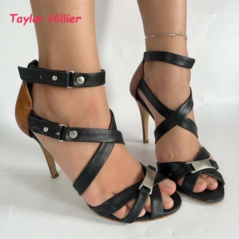 

Gothic Two Tone Open Toe Multi Thin Straps Stiletto Sandals Women Summer Trendy Versatile Street Style Daily Evening Party Shoes