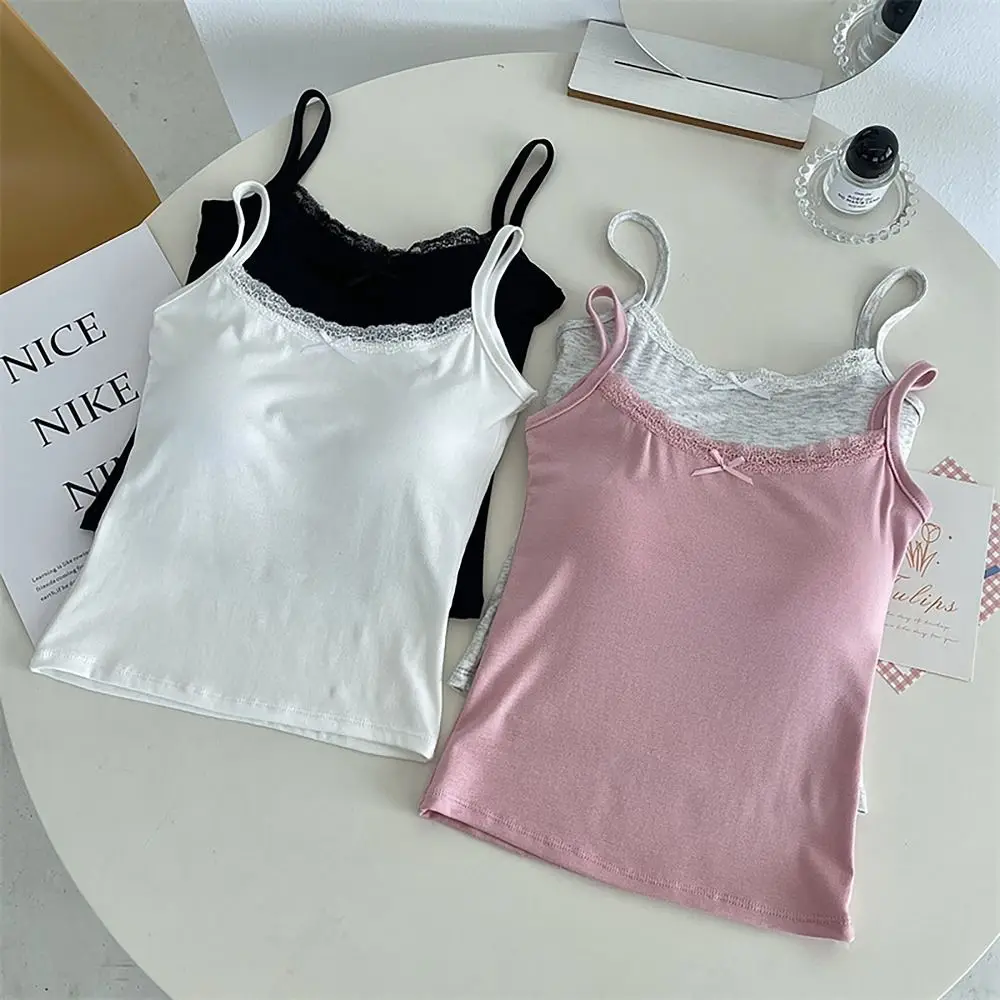 Cotton Strappy Tank Tops Sweet Sensually Innocent Look Bow Short Vest Lace Trim Hottie Sling Girls Women