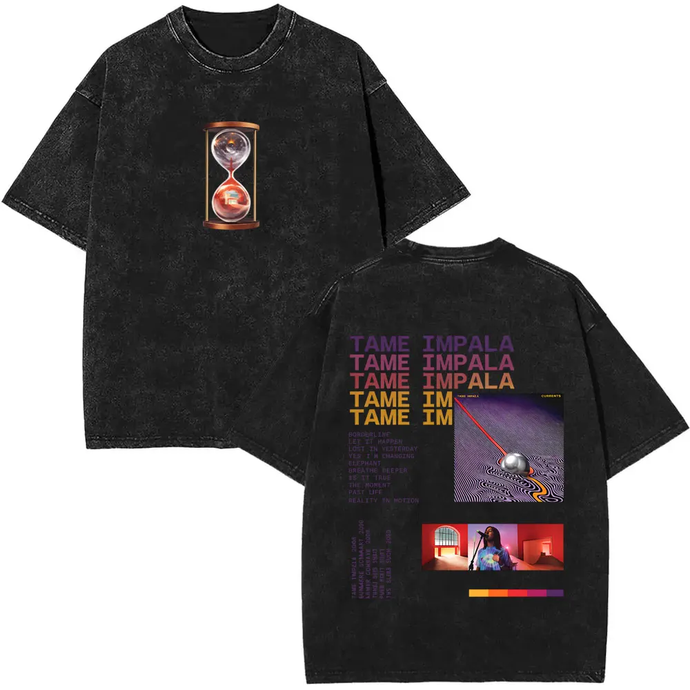 Washed Vintage Pop Rock Band Tame Impala Currents Graphic Print T Shirt Men's Women Casual Cotton Oversized Short Sleeve T-shirt