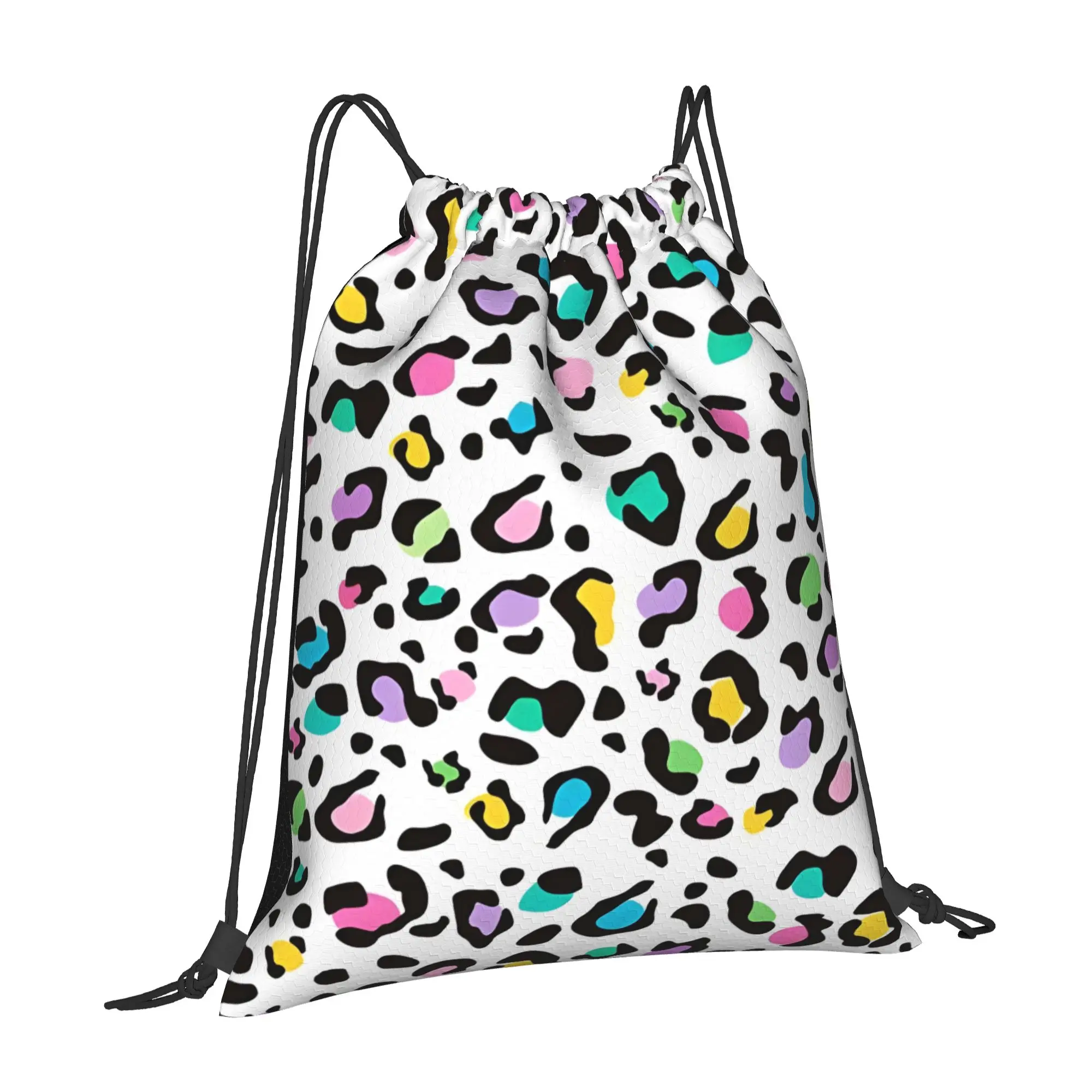 Pastel Rainbow Leopard Leopard Print Portable Shopping Drawstring Backpack Riding Backpack Gym Clothes Drawstring Bags