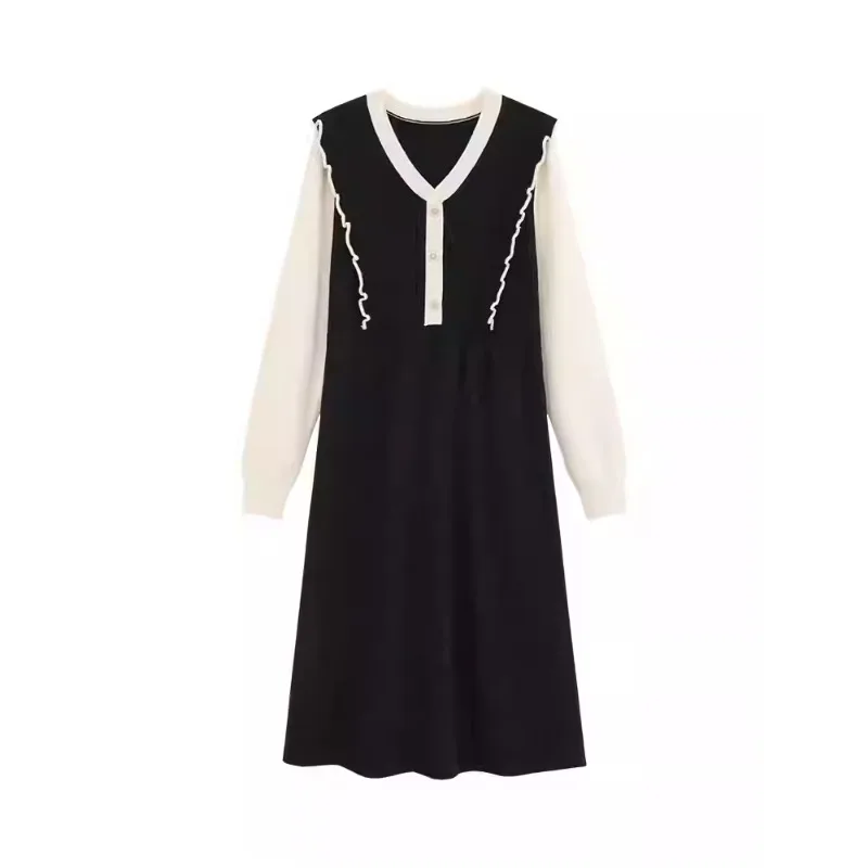 Robe Patchwork contrastée pour femmes, faux deux pièces, col de poupée, robe trapèze, Style français, décontractée, élégante, douce, Slim, tenues d'hiver