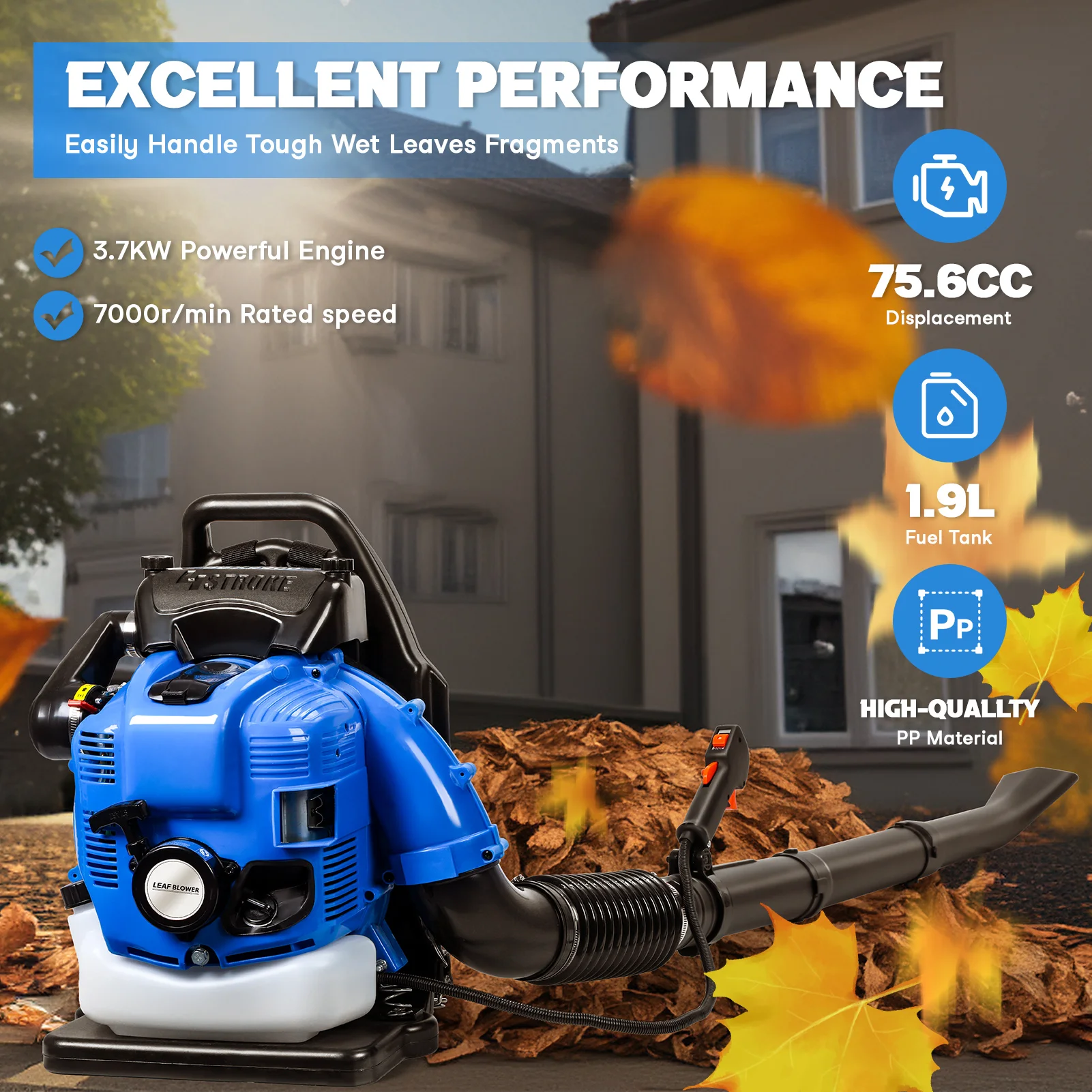 4-Stroke 1.9L Fuel Tank Leaf Blower 75.6CC Gas Powered Backpack Leaf Snow Blower Ergonomic Dust Blower for Yard Lawn Care