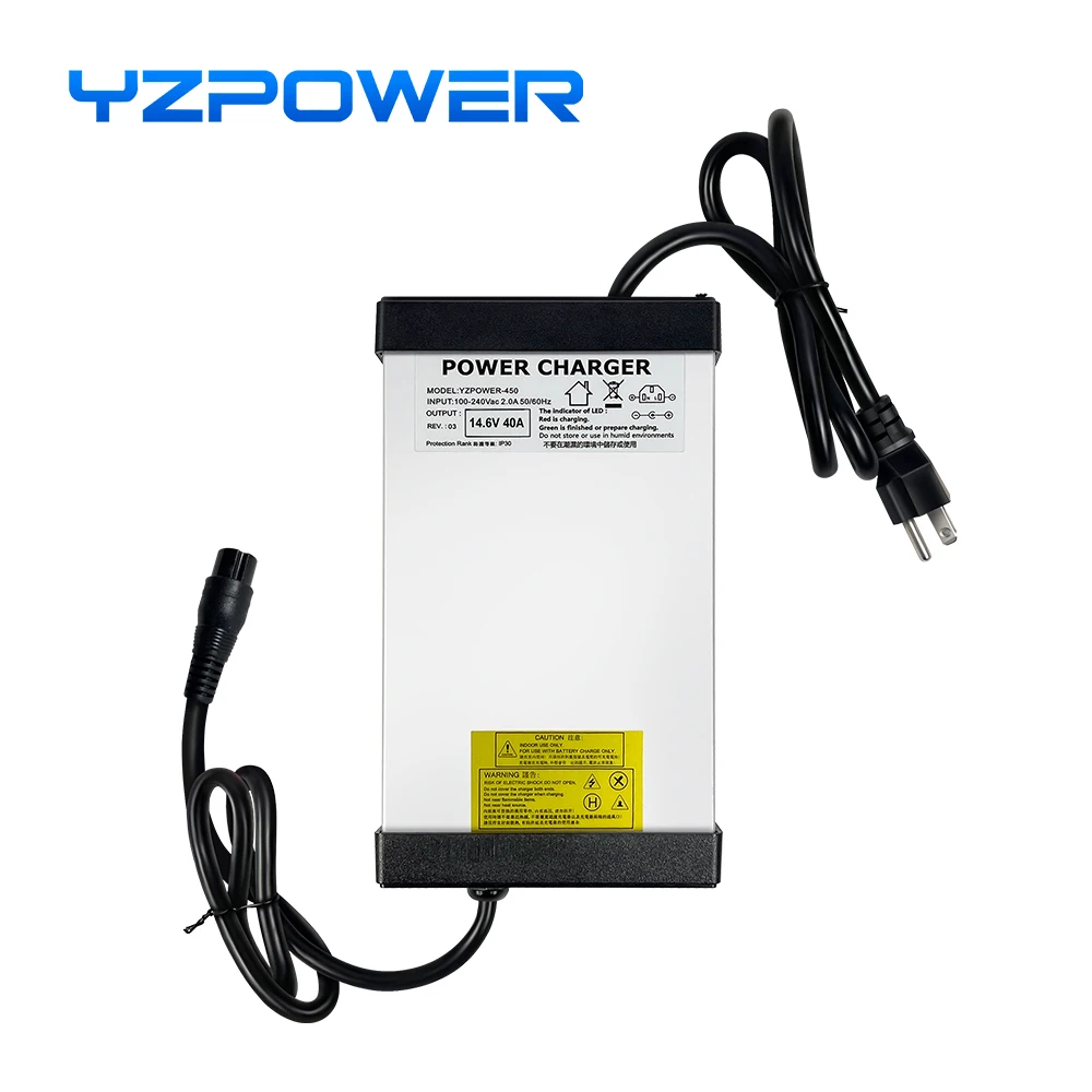 YZPOWER 14.6V 40A Lifepo4 Charger 4S 12V Charger Input 110-240Vac DC with Cooling Fan Intelligent Fast Charging