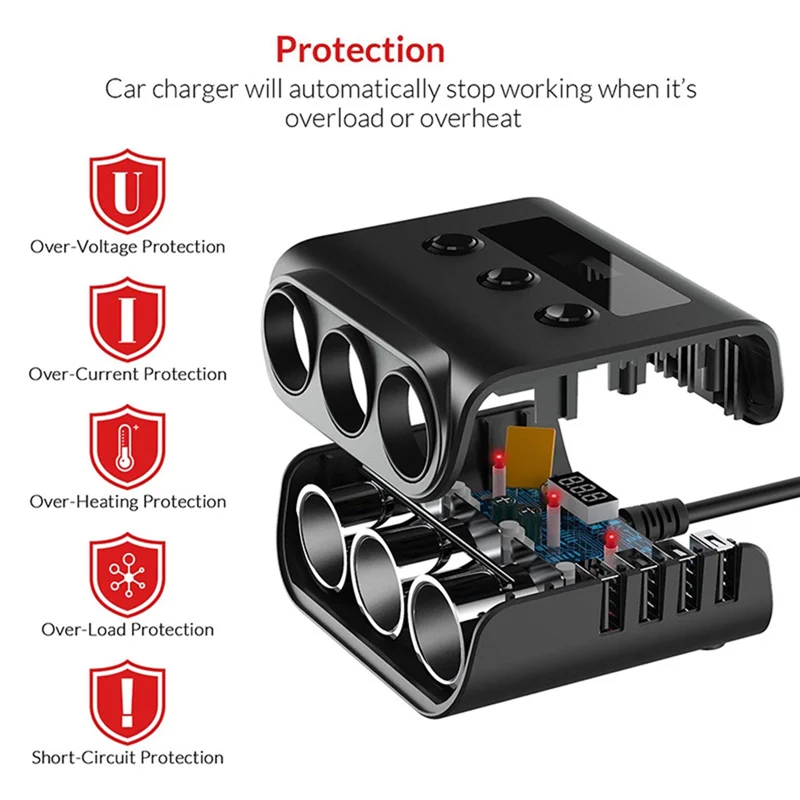 TR12 Car Lighter Triple-Evaporator with Switch Voltage Display 4 USB Car Lighter 120W Charger,Black+Red