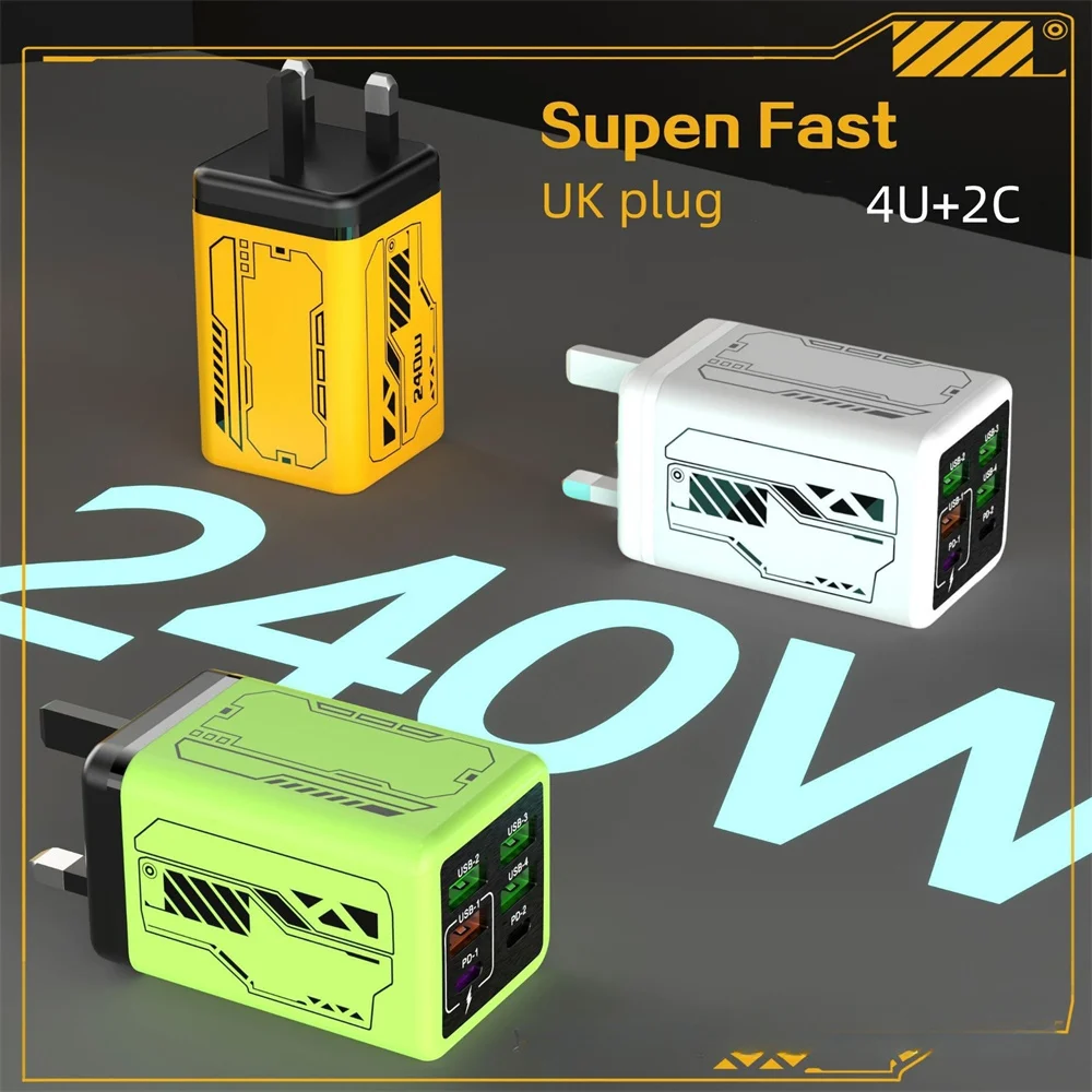 Multi-Port PD 240W Typ-C USB-Ladegerät mit schneller Ladefunktion für iPhone, Samsung, Huawei, Xiaomi, OnePlus, 6-in-1-Schnellladegerät, Telefonadapter