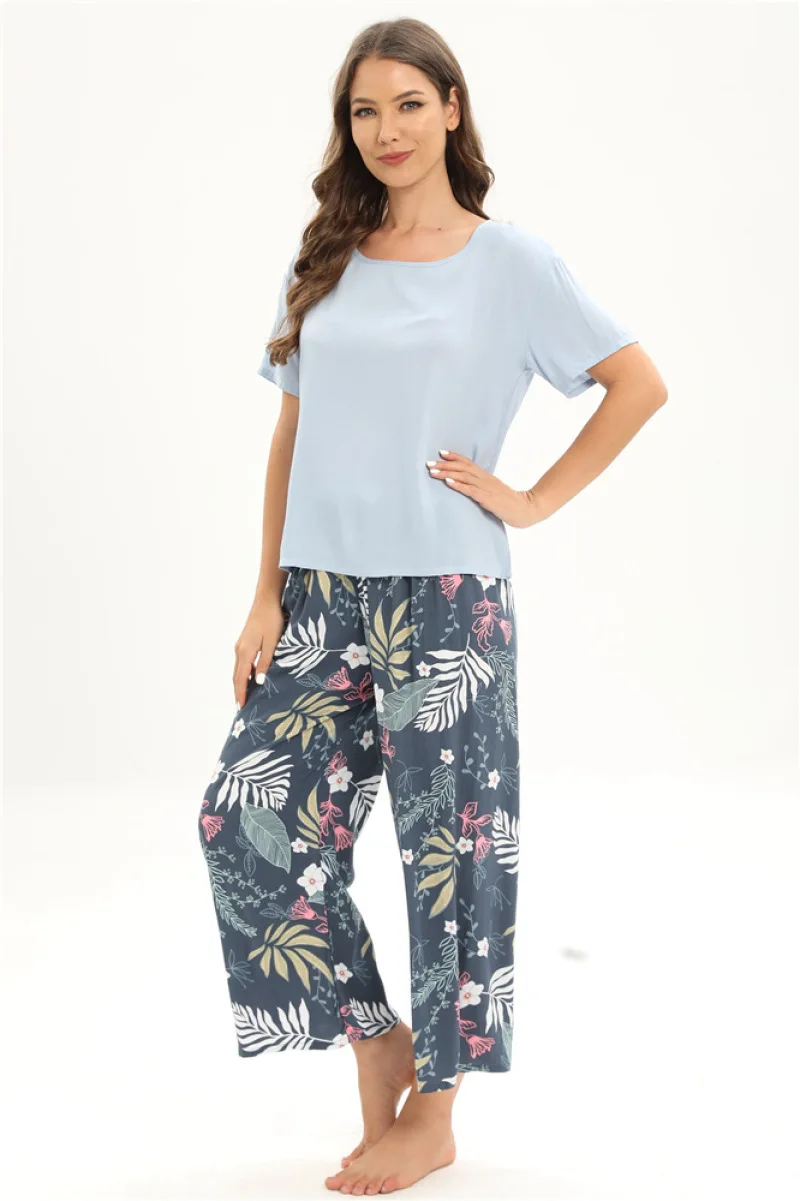 Conjunto de pijamas com estampa floral de 2 peças para mulheres, pijamas viscose, calças de manga curta, primavera, verão