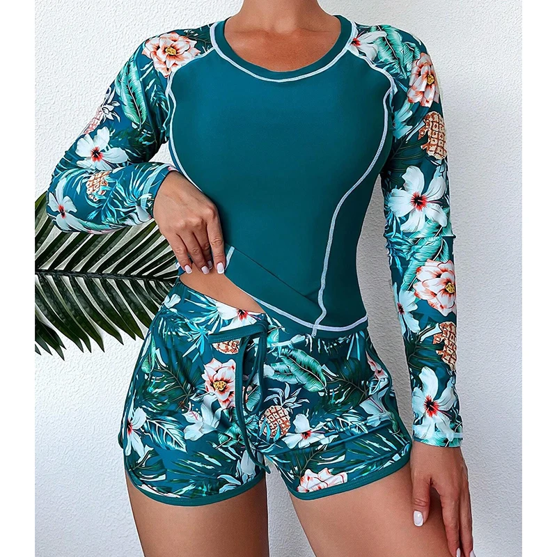 Traje de baño Tankini de manga larga para mujer, Tops con estampado de almazuela, pantalones cortos con cordones, conjunto informal para playa, surf, deportes, traje de baño, ropa de playa