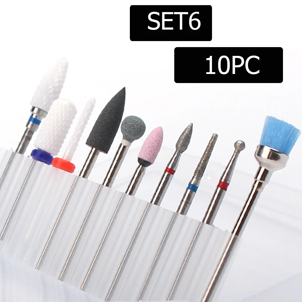 10pc Nail Drill Bit Set Ceramic Milling Cutter Kit Electric Machine Manicure Bits Rotary Burr Cuticle Tools Accessories
