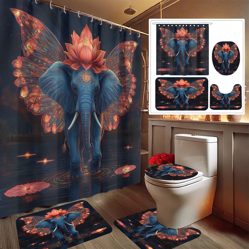 

4pcs Festive Elephant Print Shower Curtain Set, Decorative Bathroom Set Includes Shower Curtain, Non-Slip Floor Mat, Toilet