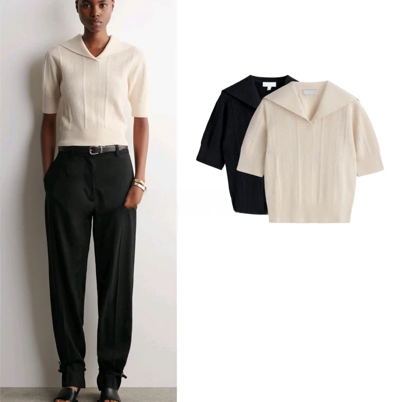 

Spring New Women's Knitted Short Sleeve Top Sailor Collar Ribbing Slim Fit Casual Style Polyester Fiber Regular Length