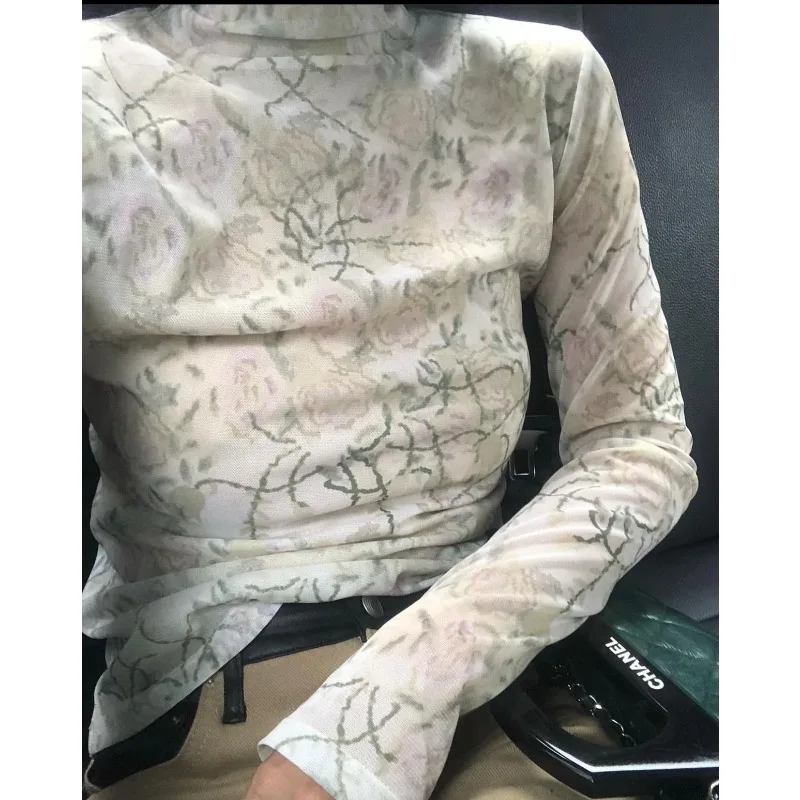 

High Street модная тонкая футболка с длинными рукавами и цветочным принтом, женская осень 2023, новые корейские повседневные сетчатые топы с полувысоким воротником