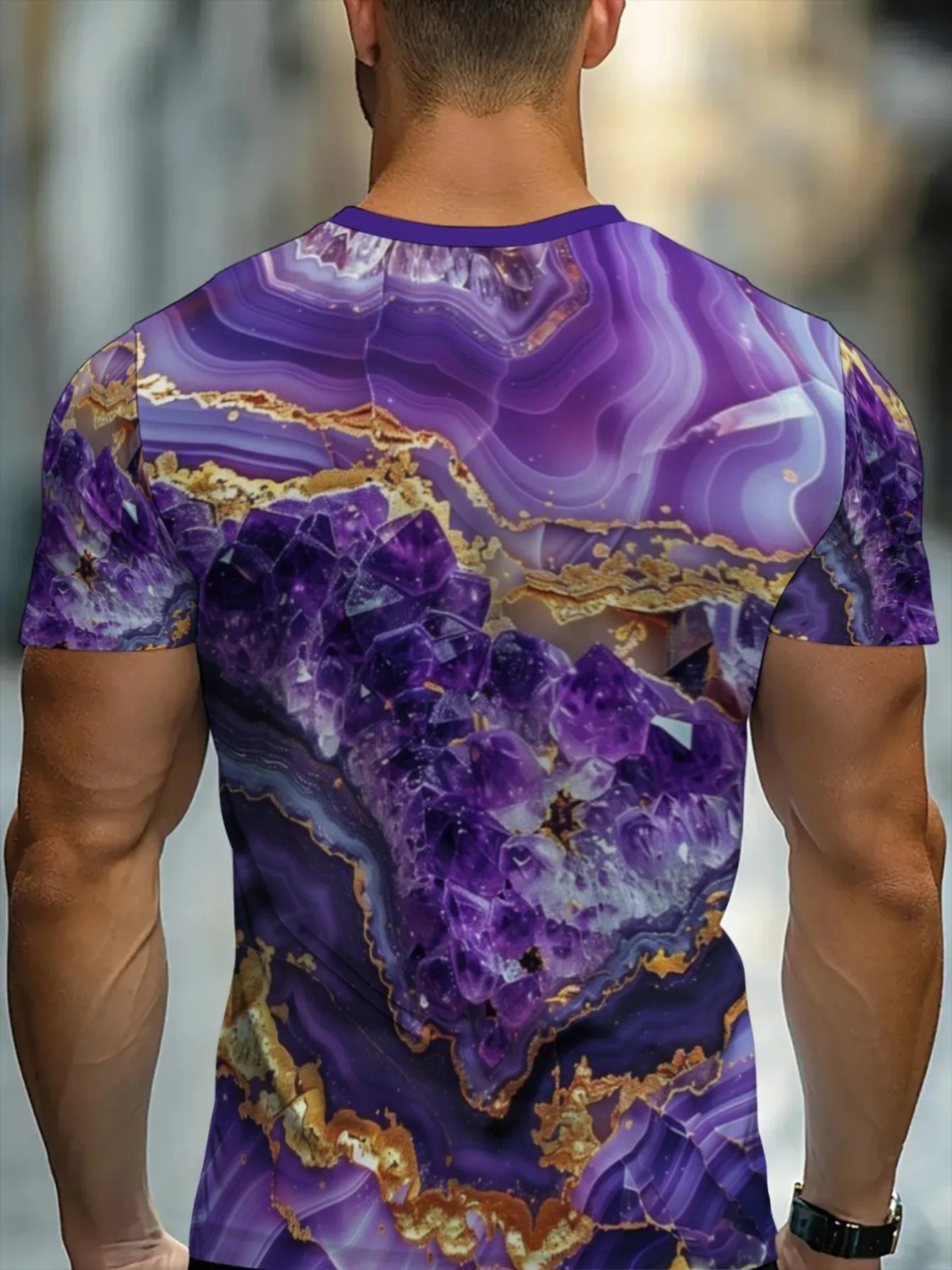 Men Purple Amethyst Geode Gold Foil Marble Agate Crystal Full Print Crew Neck Short Sleeve Tee