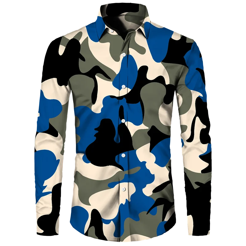 Outdoor Camouflage Print Men\'s Shirts Casual Single-Breasted Blouses Long Sleeve Shirt Streetwear Trend Lapel Tops Men Clothing