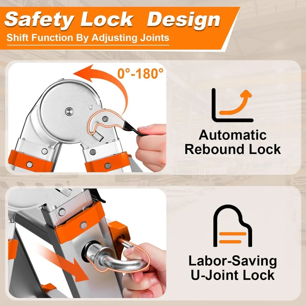 سلم تمديد قابل للطي بطول 14 قدمًا مع عجلات وقضيب تثبيت - سعة تحميل 330 رطل، سلم أمان متعدد المواضع #5