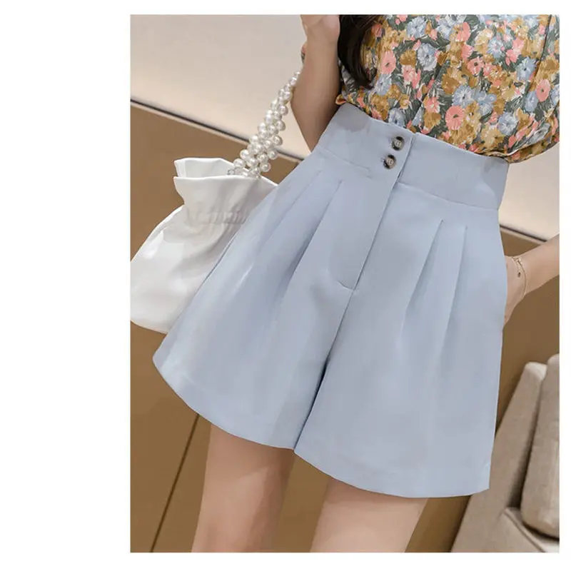 Pantalones cortos para mujer, cintura alta, plisados, corte en A, para oficina, Chic, con cinturón, clásico, elegante, temperamento, pantalones con botones, Primavera Verano
