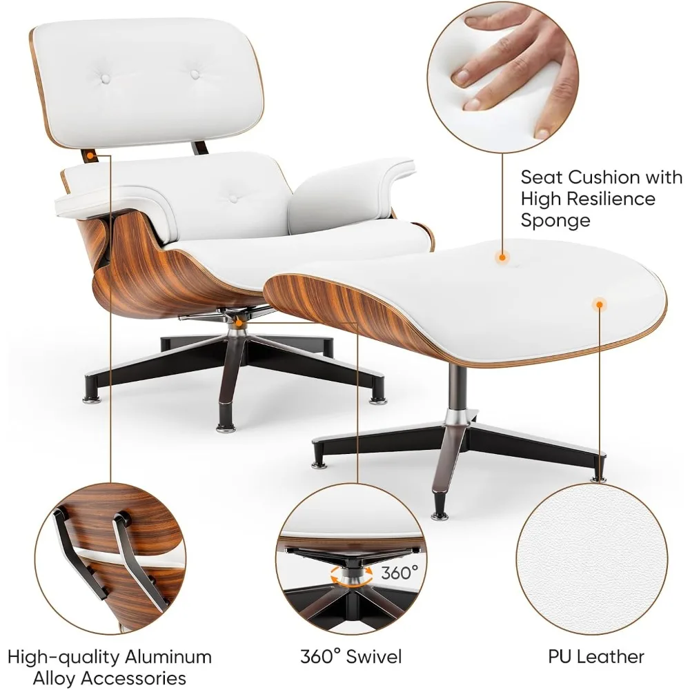 เก้าอี้พักผ่อนและออตโตมันสไตล์มิดเซ็นจูรี่ หุ้มด้วยหนัง PU สีขาวคุณภาพสูง ดีไซน์คลาสสิกทันสมัย โครงไม้ปาลิแซนเดอร์ ฐานแข็งแรงทนทาน