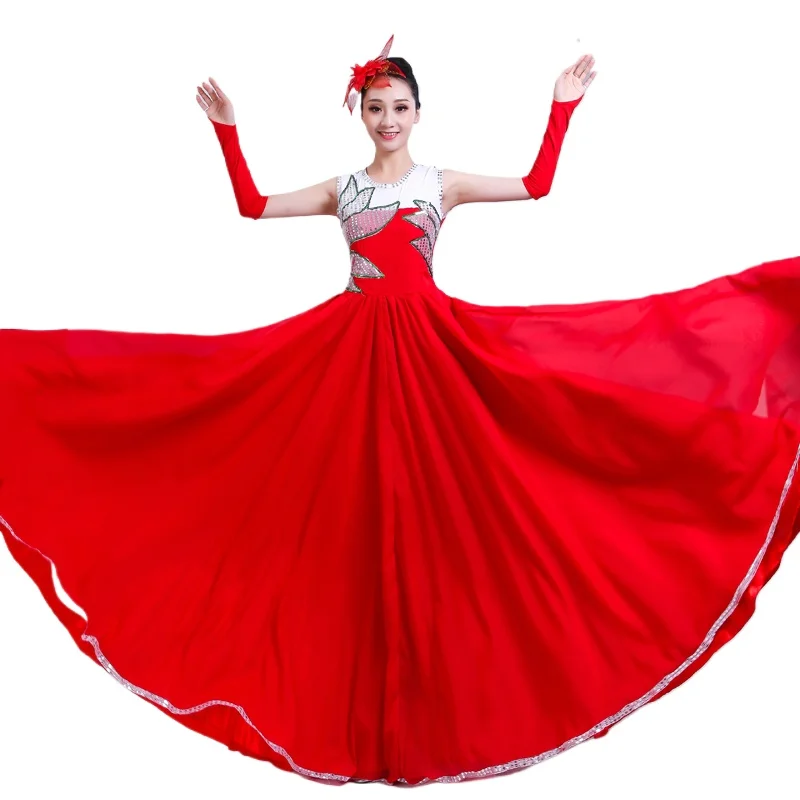 

Red Long Full-skirt Opening Dance Big Swing Dress Spanish Bullfight Performance Dance Costume Stage Sequin Dancing Costume H589