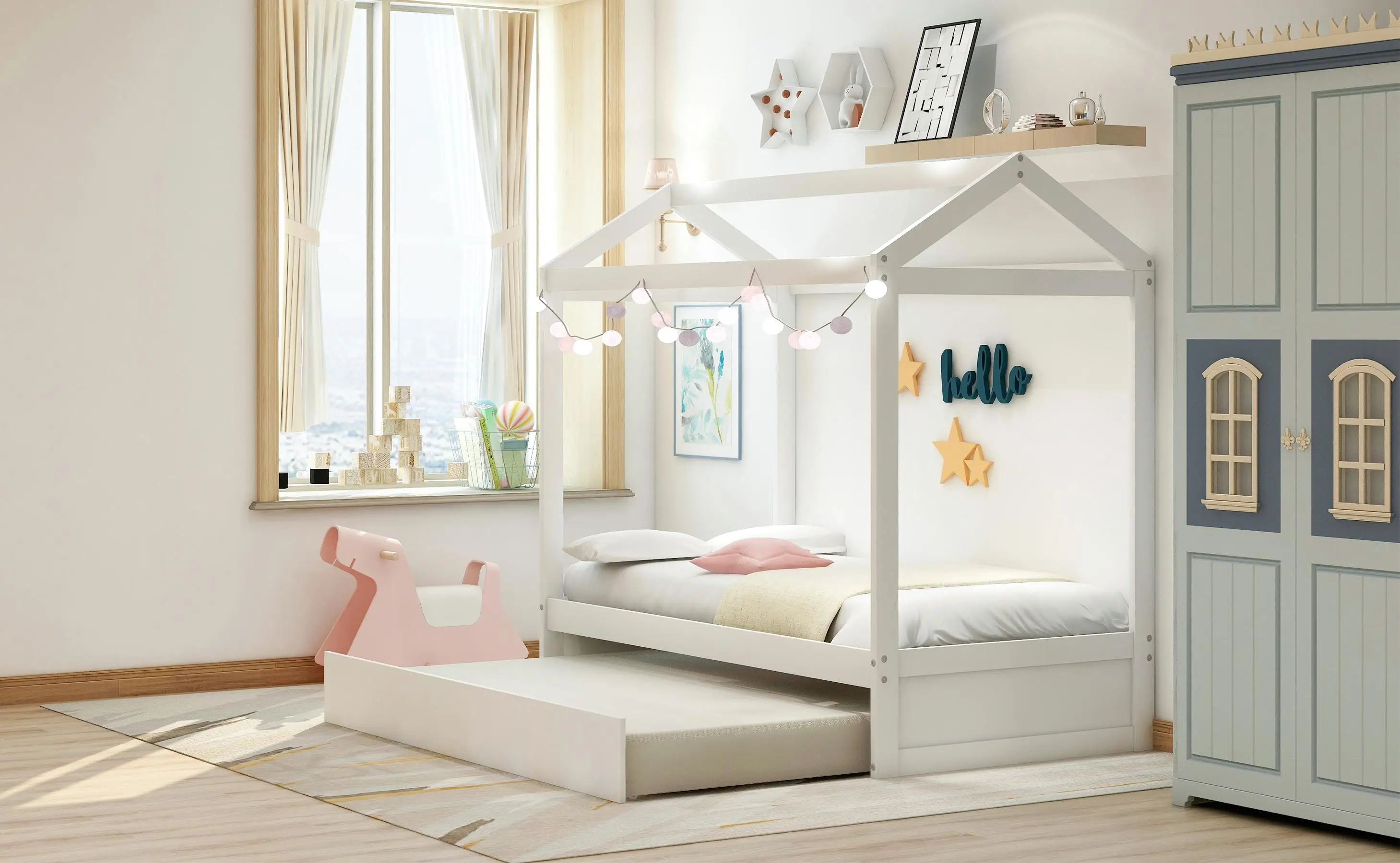 White House Bed with Trundle - Customizable Decor, Space-Saving Design for Kids' Rooms