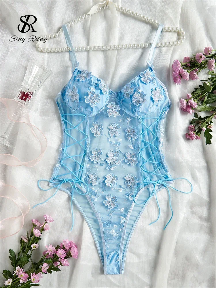 

SINGREINY Transparent Skinny Camis Sexy Playsuits Lace Up Design Slim Lingerie Rompers Female Embroidery Sheer Eroitc Bodysuits