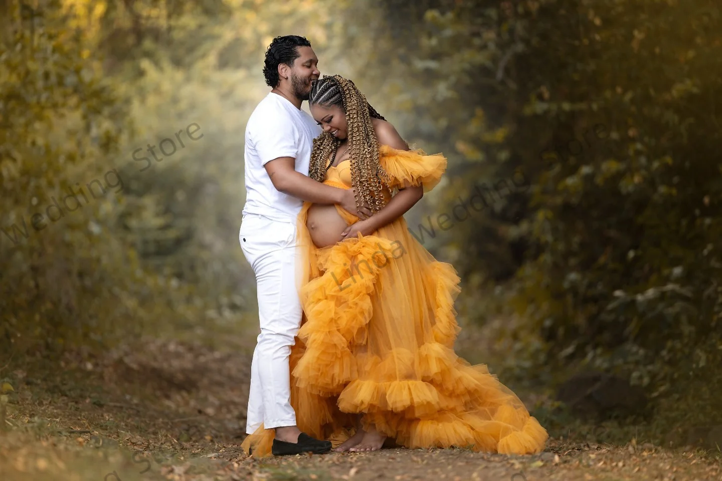 Abiti premaman gialli illusione Abiti eleganti personalizzati in due pezzi per babyshower Pieghe a strati Servizio fotografico Prgegnancy