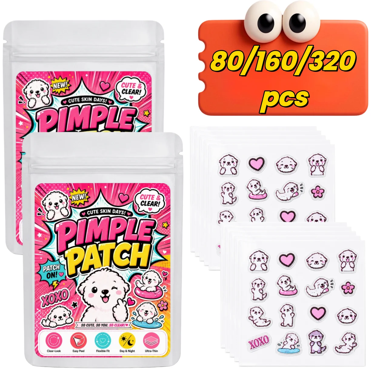 80/160/320 Pcs Cute Cartoon Otter PE Pimple Patches, Ultra-Thin Face Stickers for Day and Night
