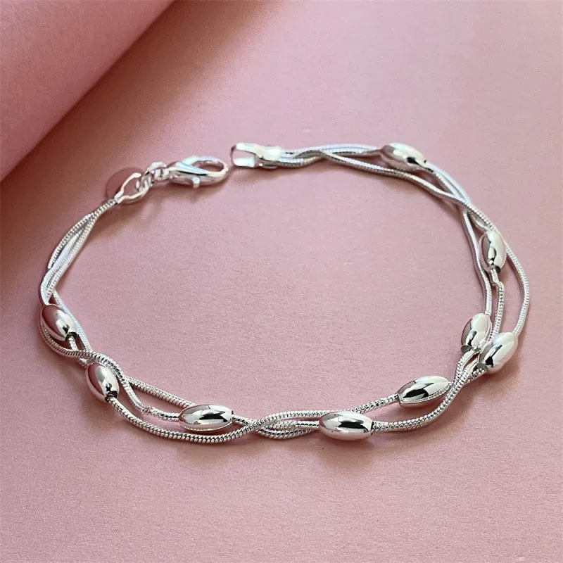 

925 Sterling Silver Bracelet Three-Line Snake Chain Bead Bracelet Women's Fashion Simple Birthday Party Anniversary Jewelry Gift
