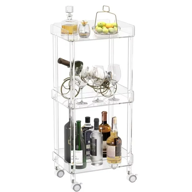 Clear Acrylic Small Bar Trolley Wine Storage Cart with Opening Shelves 3-tier Mini Rolling Serving Cart with 4 Lockable Wheels