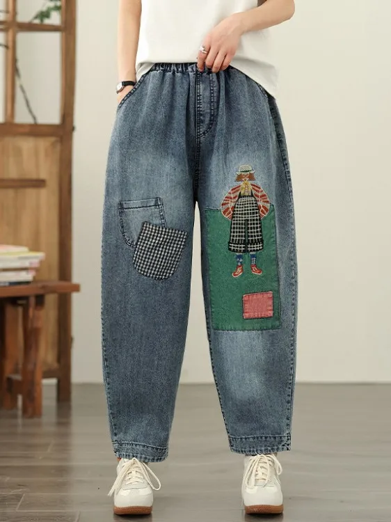 

Летние тонкие повседневные тяжелые джинсы для папы с вышивкой, свободные утягивающие джинсы из девяти предметов с высокой талией, синие джинсы, женские шаровары больших размеров