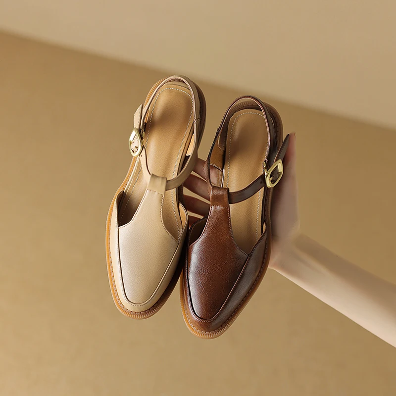 2023 Women Retro Sandals Shoes 4cm Thick Heels Genuine Leather Casual Style Shoes Women Elegant Sandals Casual LX72